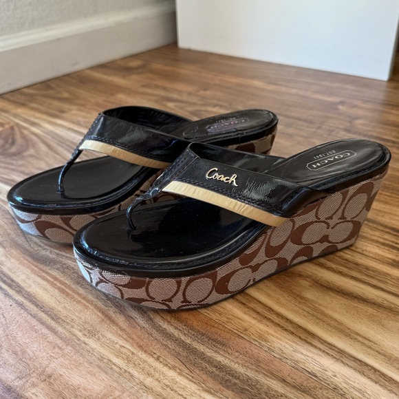Authentic Coach chunky Black and Brown Wedge Jody Shoes heels sandals - Picture 1 of 7